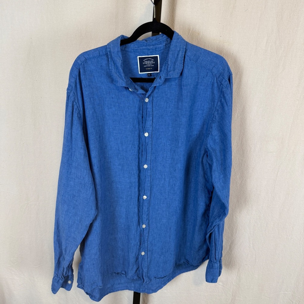 Charles Tyrwhitt Mens XL Blue 100% Linen Long Sleeve Classic Fit Button Down